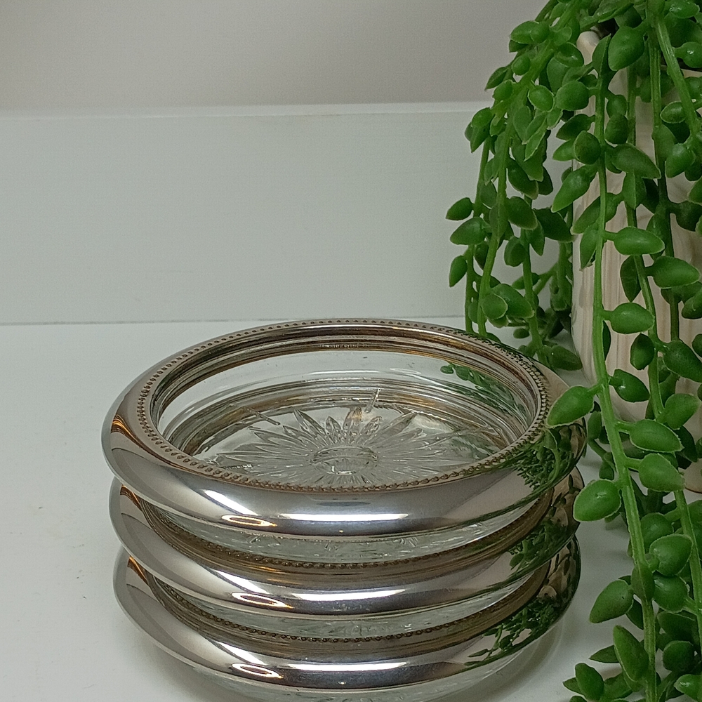 Vintage Silver-Trim Glass Coasters (Set of 3)